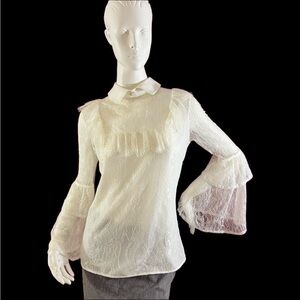 White Lace Blouse Bell Long Sleeves Button Collar